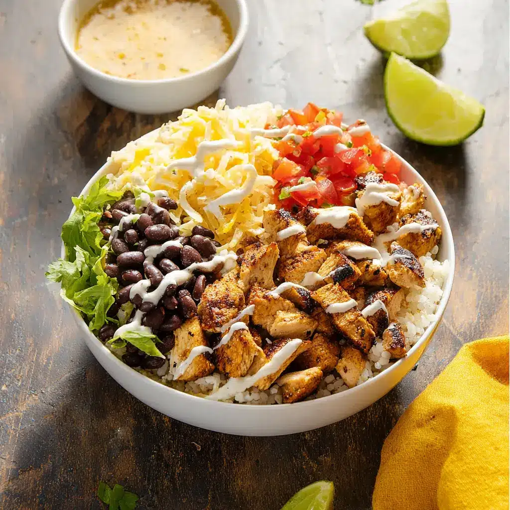 Chipotle Chicken Burrito Bowl recipe, served and ready to eat, easy homemade dinner