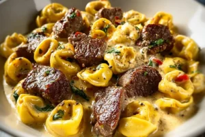 Cracked Garlic Steak Tortellini Creamhouse Sauce recipe, served and ready to eat, easy homemade dinner