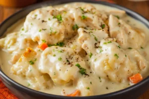 Cracker Barrel Chicken and Dumplings recipe, served and ready to eat, easy homemade dinner