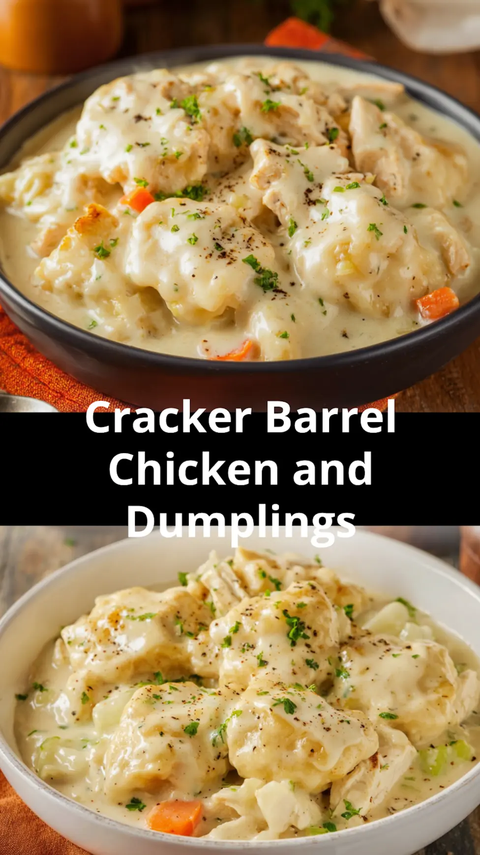 Cracker Barrel Chicken and Dumplings recipe served and ready to eat, easy homemade dinner