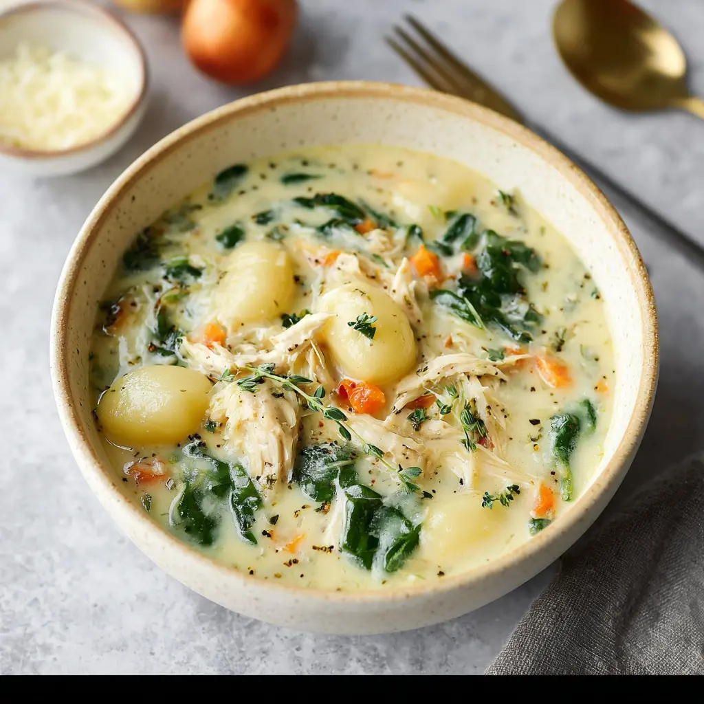 Creamy Chicken and Gnocchi Soup Made Cozy and Delicious 6 Creamy Chicken and Gnocchi Soup recipe, served and ready to eat, easy homemade dinner