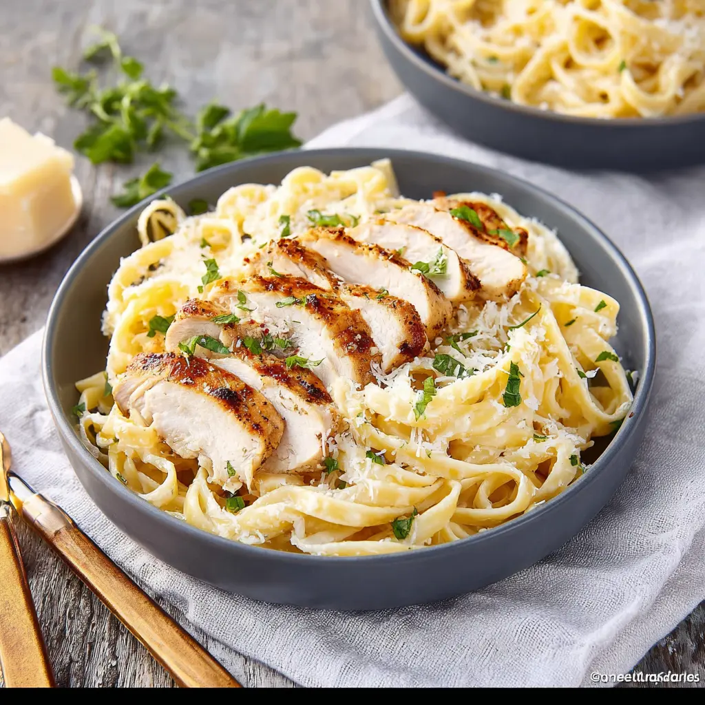 Creamy copycat chicken alfredo served on a plate, ready to eat