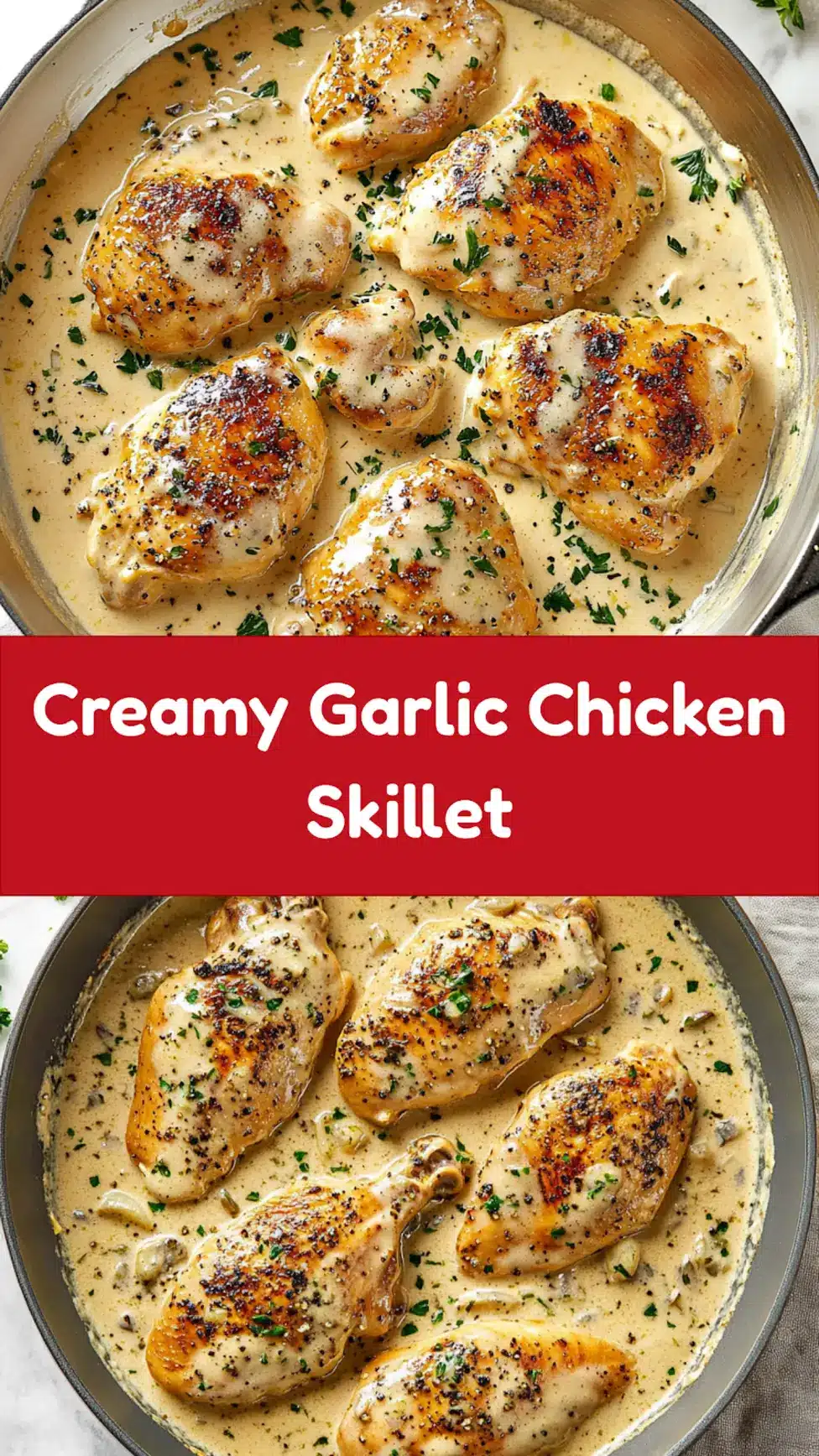 Creamy garlic chicken skillet served and ready to eat, easy homemade dinner