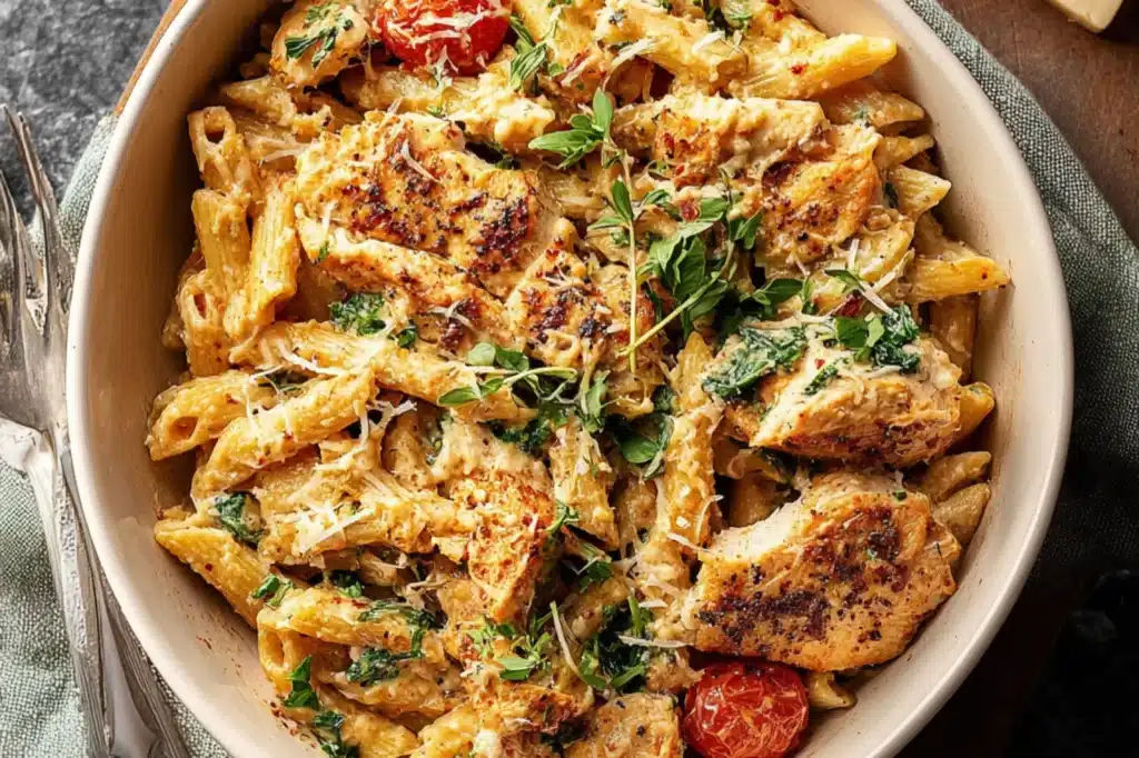 Creamy Garlic Parmesan Chicken Pasta Bake recipe, served and ready to eat, easy homemade dinner