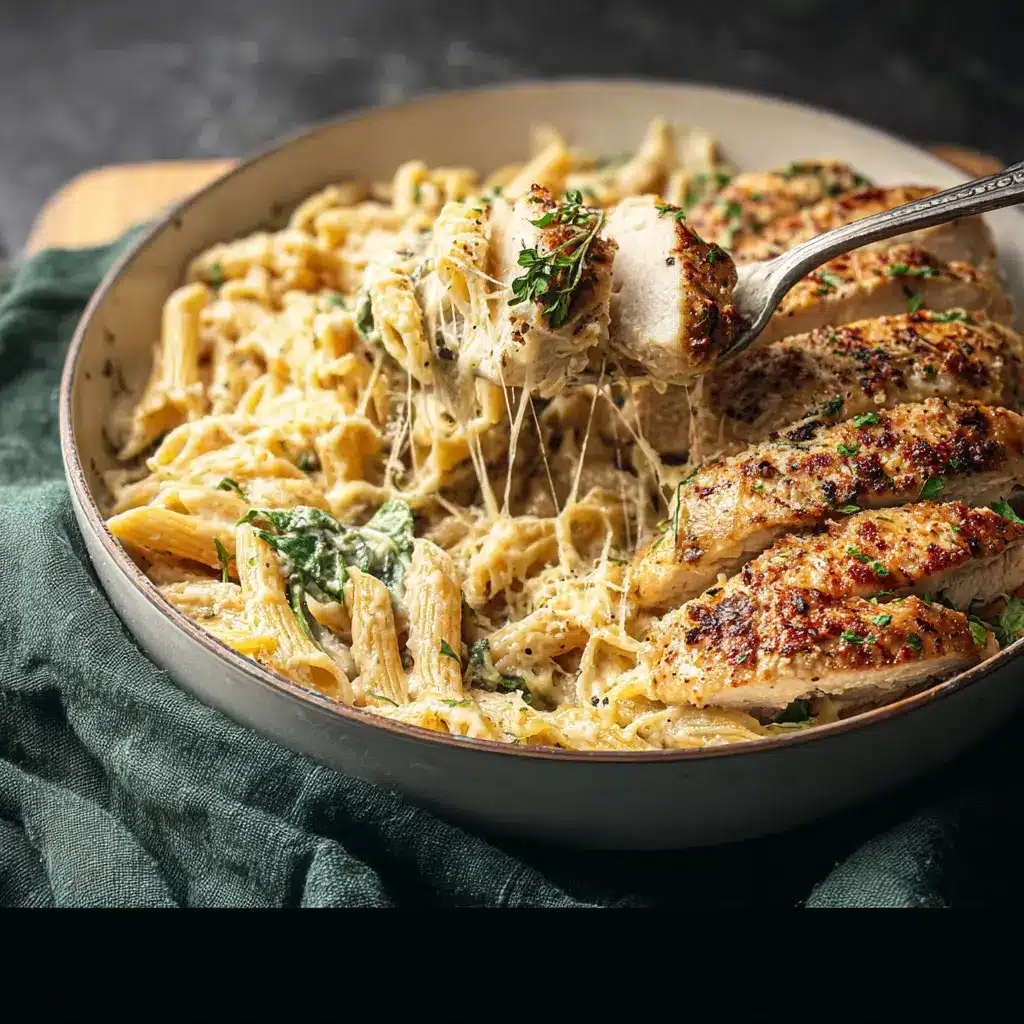 Creamy Garlic Parmesan Chicken Pasta Bake recipe, served and ready to eat, easy homemade dinner