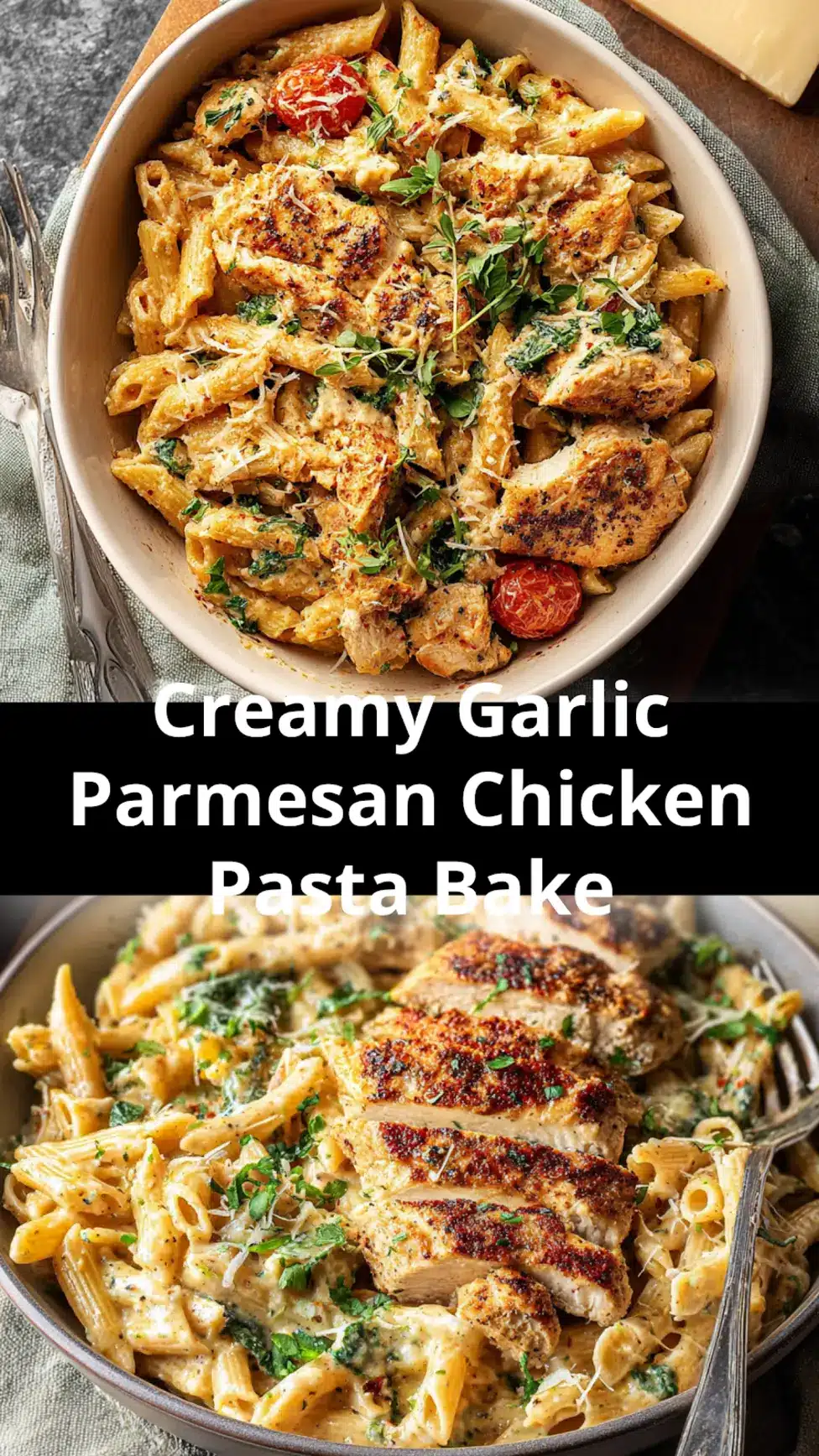 Creamy Garlic Parmesan Chicken Pasta Bake recipe, plated and garnished, perfect weeknight dinner