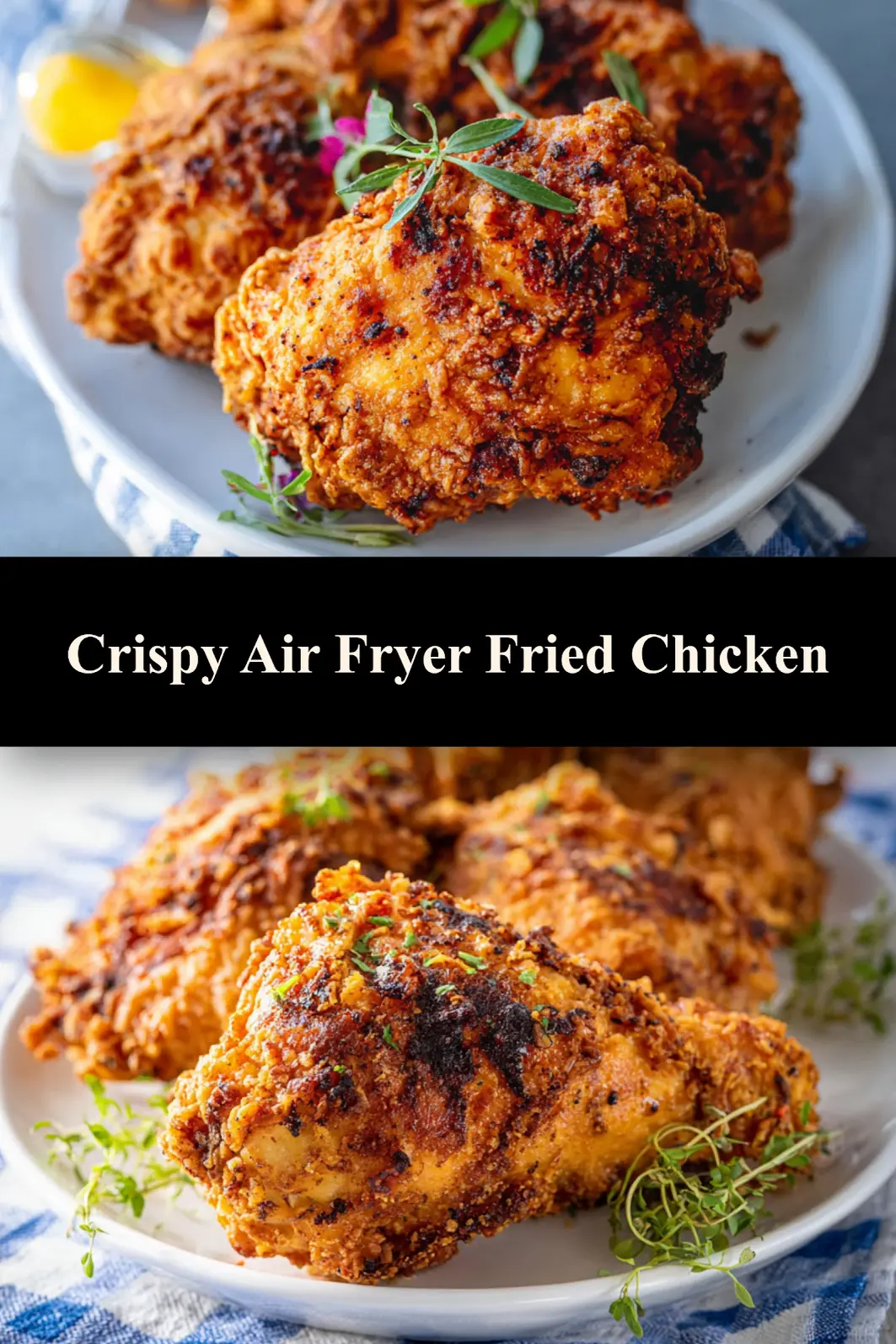 Crispy Air Fryer Buttermilk Fried Chicken recipe pin  golden, crispy, and ready to serve