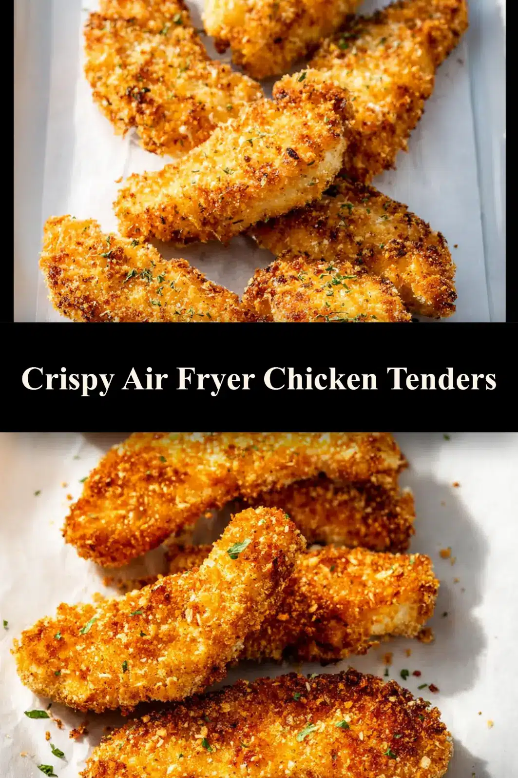 Crispy Air Fryer Chicken Tenders recipe, served and ready to eat, easy homemade dinner_pin