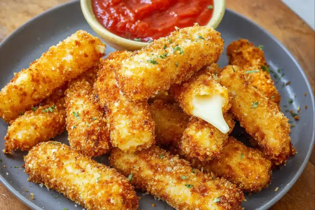 Crispy Air Fryer Mozzarella Sticks recipe, served and ready to eat, easy homemade dinner