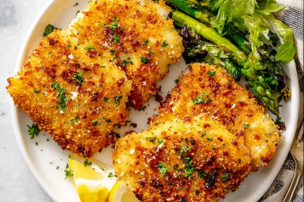 Crispy Air Fryer Parmesan Crusted Cod recipe, served and ready to eat, easy homemade dinner