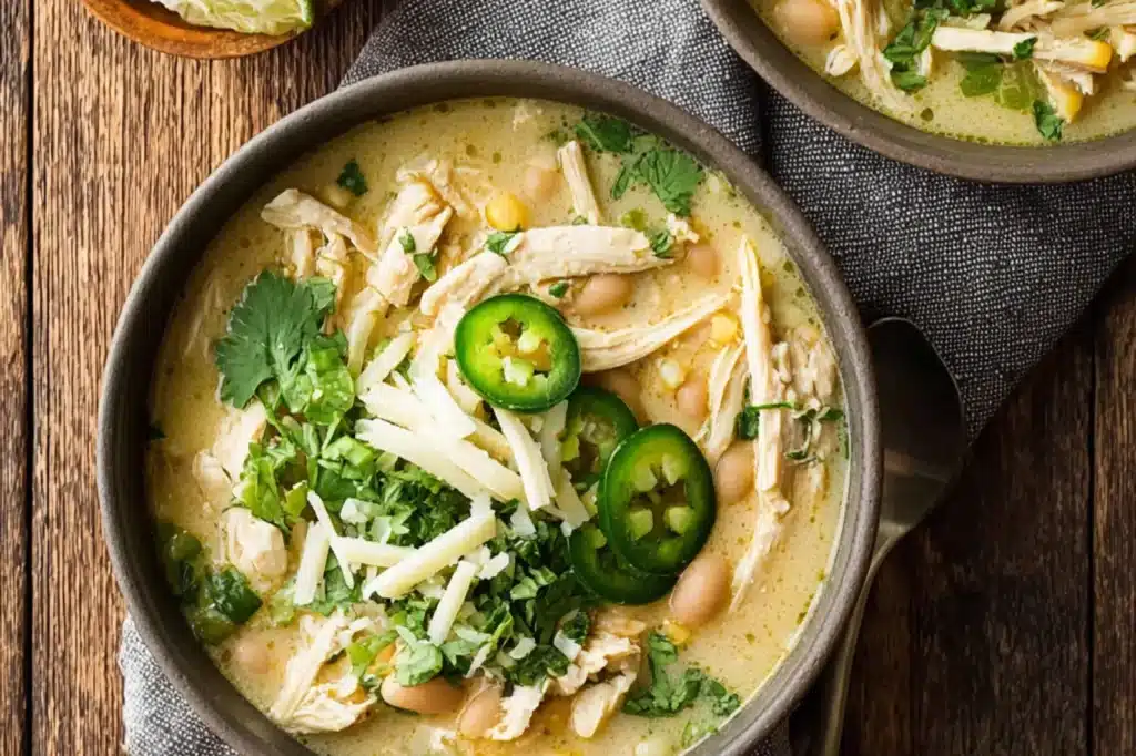 Crockpot White Chicken Chili recipe, served and ready to eat, easy homemade dinner