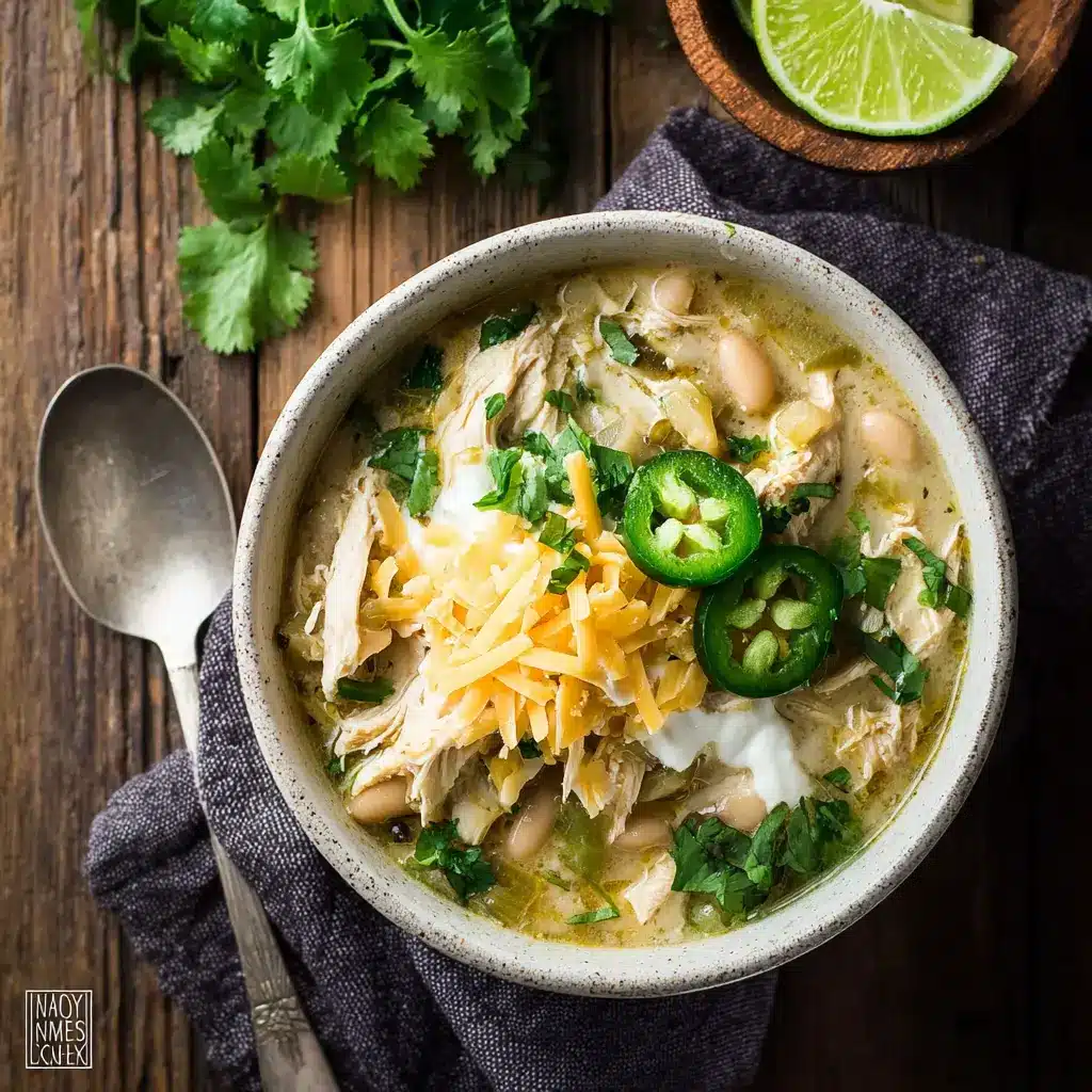 Crockpot White Chicken Chili served in a bowl, easy homemade slow cooker dinner