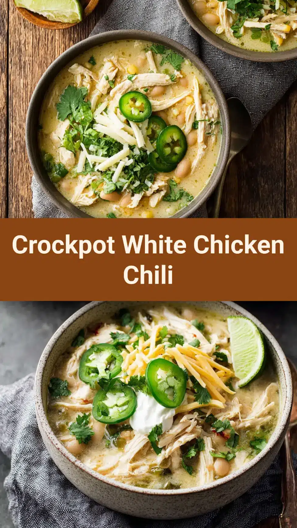 Crockpot White Chicken Chili in a bowl, easy slow cooker dinner recipe pin