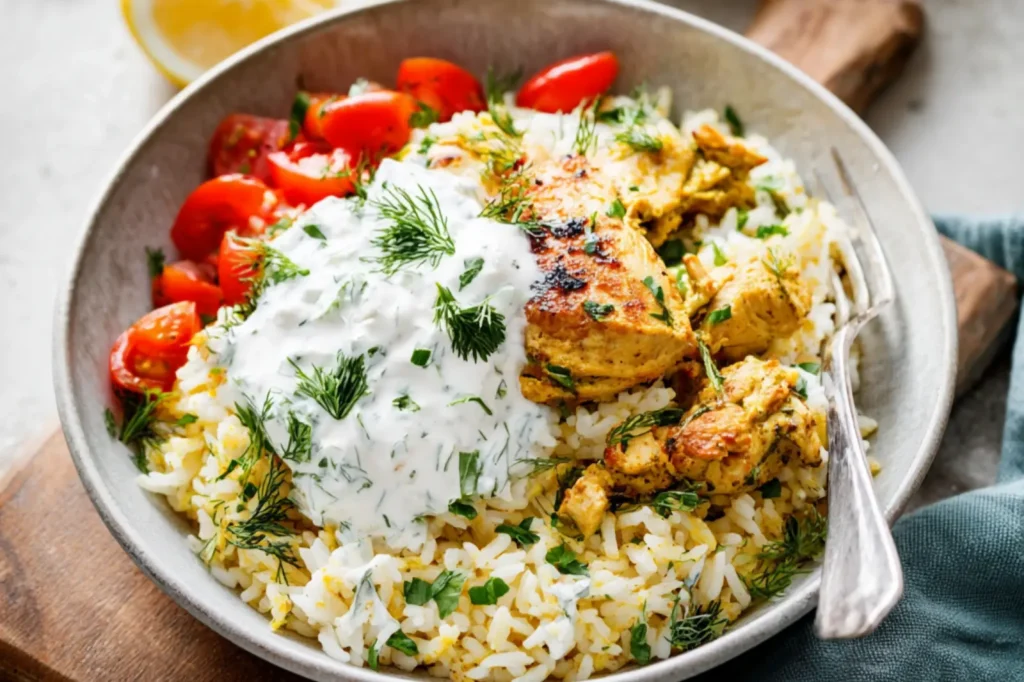 Dump And Bake Chicken Tzatziki Rice recipe, served and ready to eat, easy homemade dinner