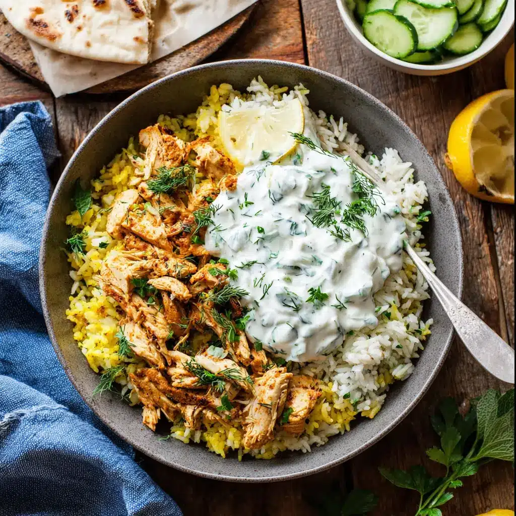 Dump And Bake Chicken Tzatziki Rice recipe, served and ready to eat, easy homemade dinner
