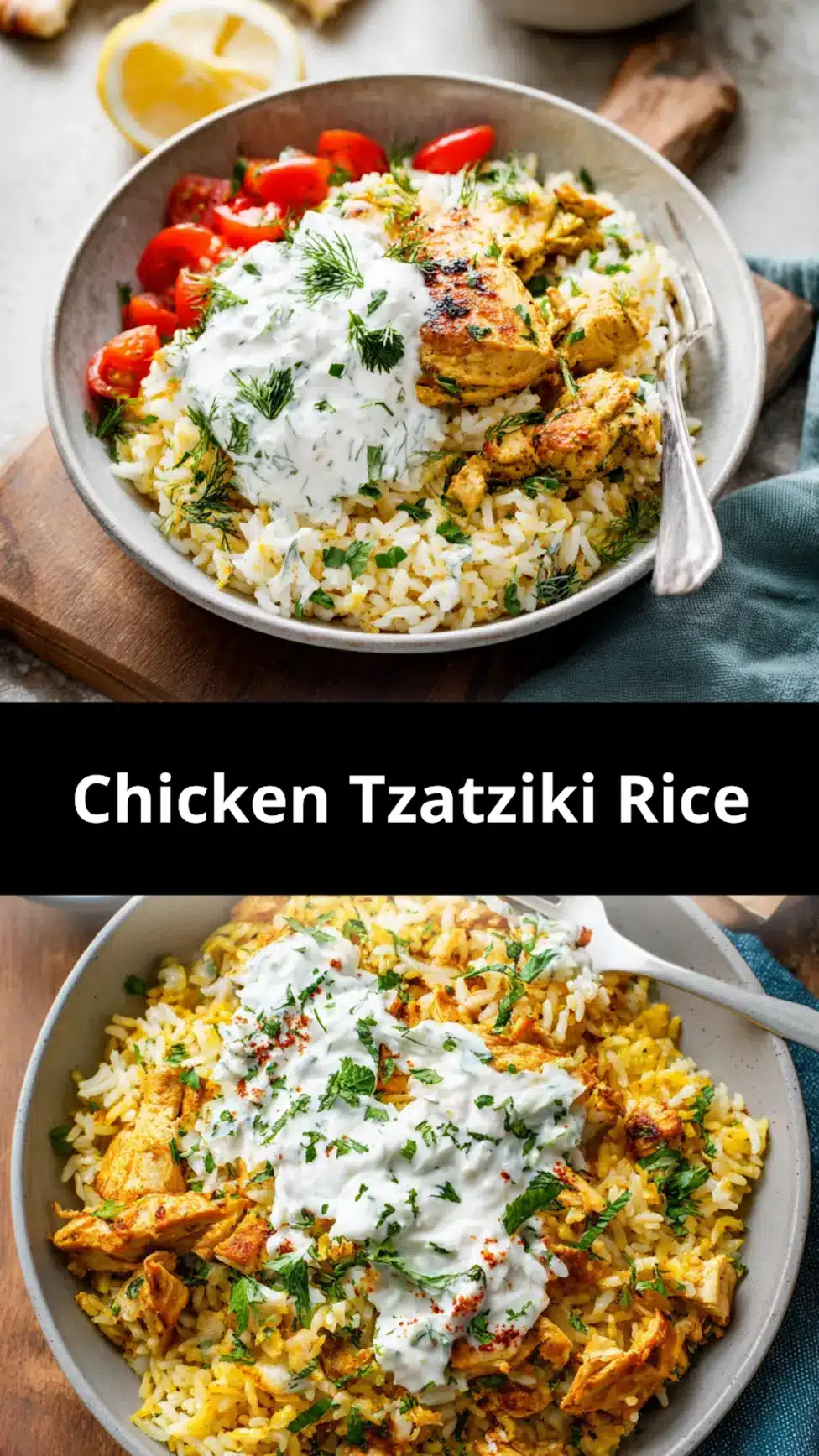 Dump And Bake Chicken Tzatziki Rice recipe, served and ready to eat, easy homemade dinner_pin