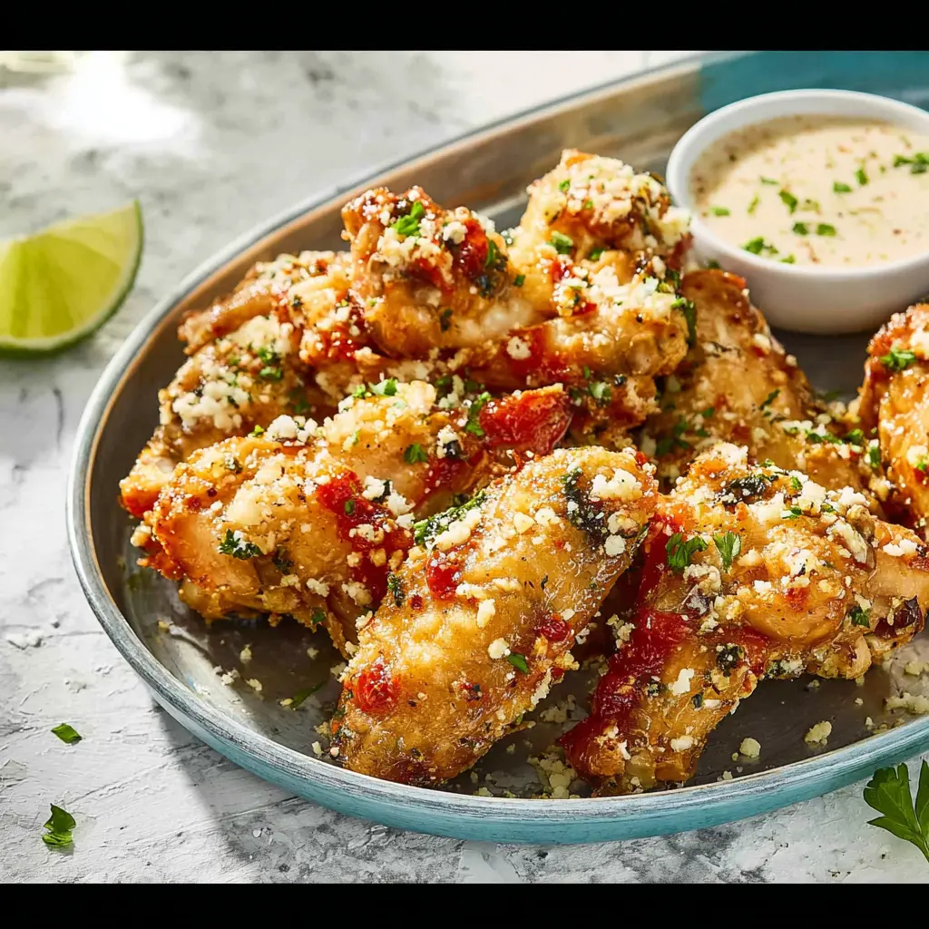 Crispy garlic parmesan wings served on a plate, ready to eat