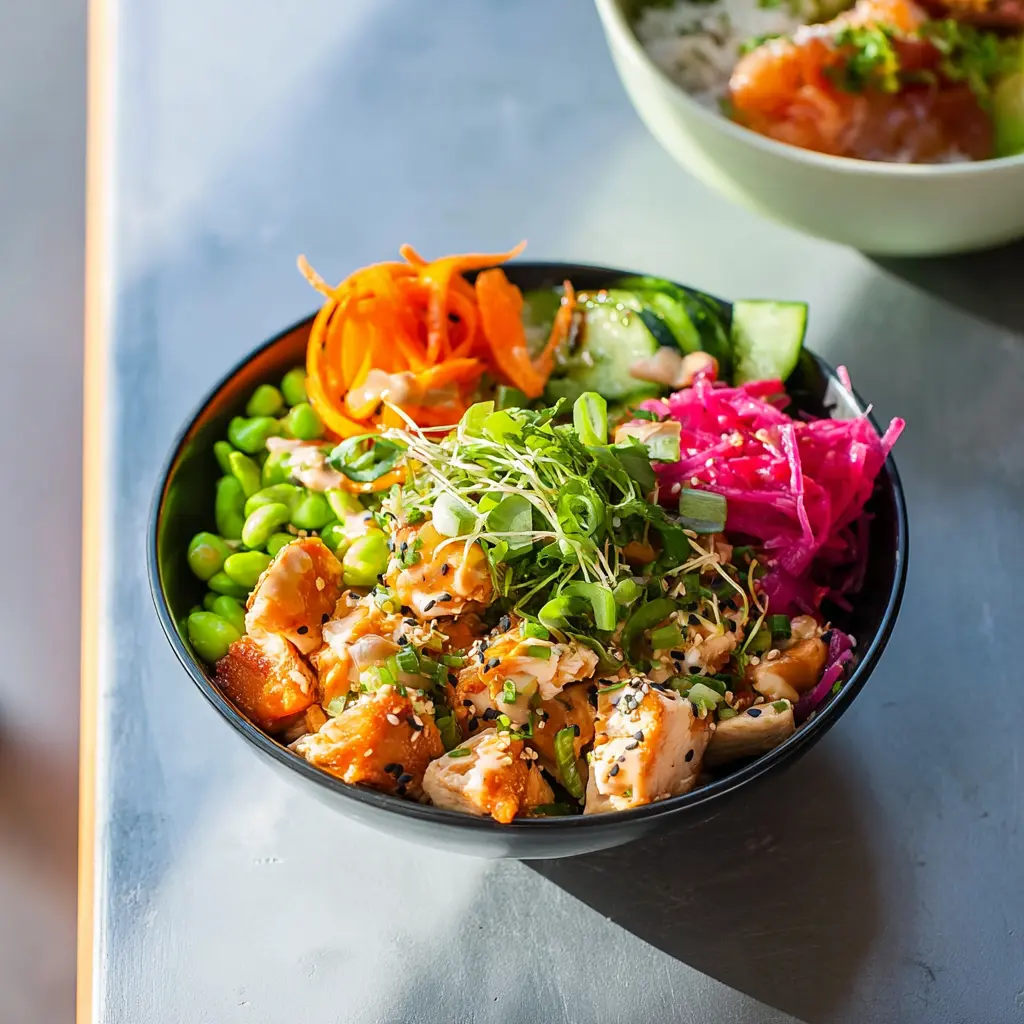 High Protein Chicken Poke Bowl recipe, served and ready to eat, easy homemade dinner