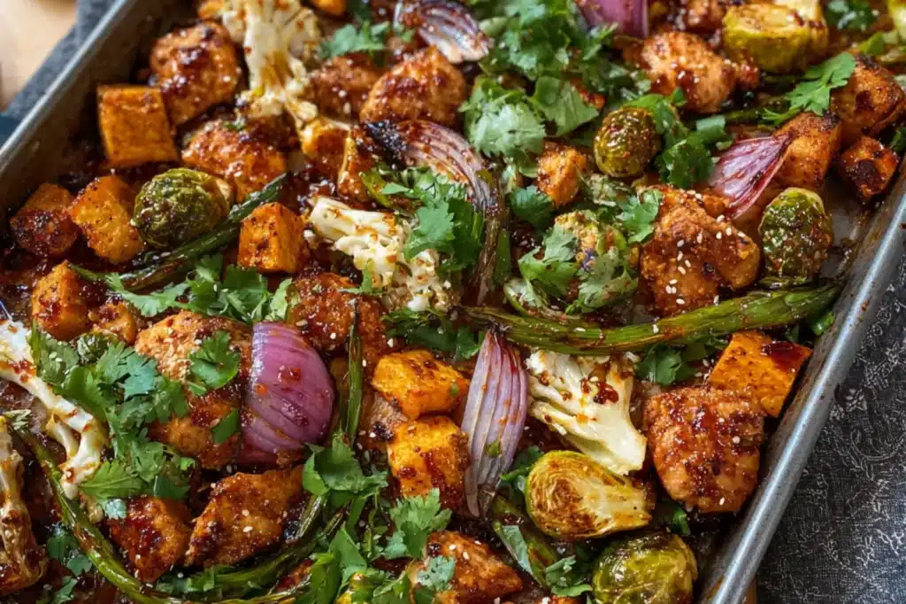 Hot Honey Chicken Sheet Pan recipe, served and ready to eat, easy homemade dinner