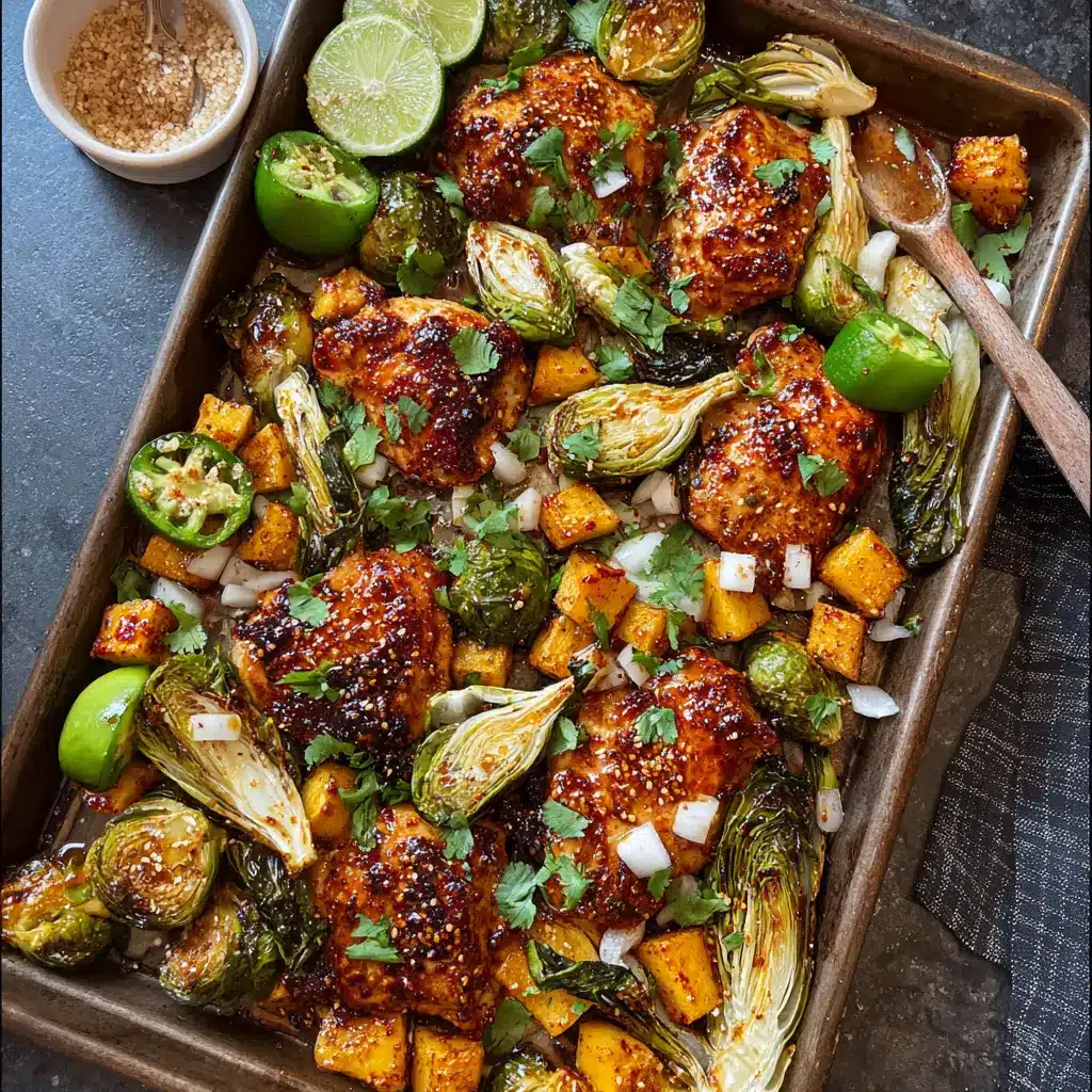 Hot Honey Chicken Sheet Pan recipe, served and ready to eat, easy homemade dinner