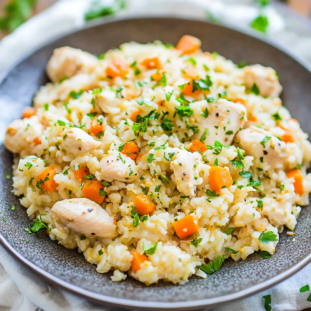 Instant Pot Chicken and Rice served in a bowl, tender chicken with fluffy rice and herbs