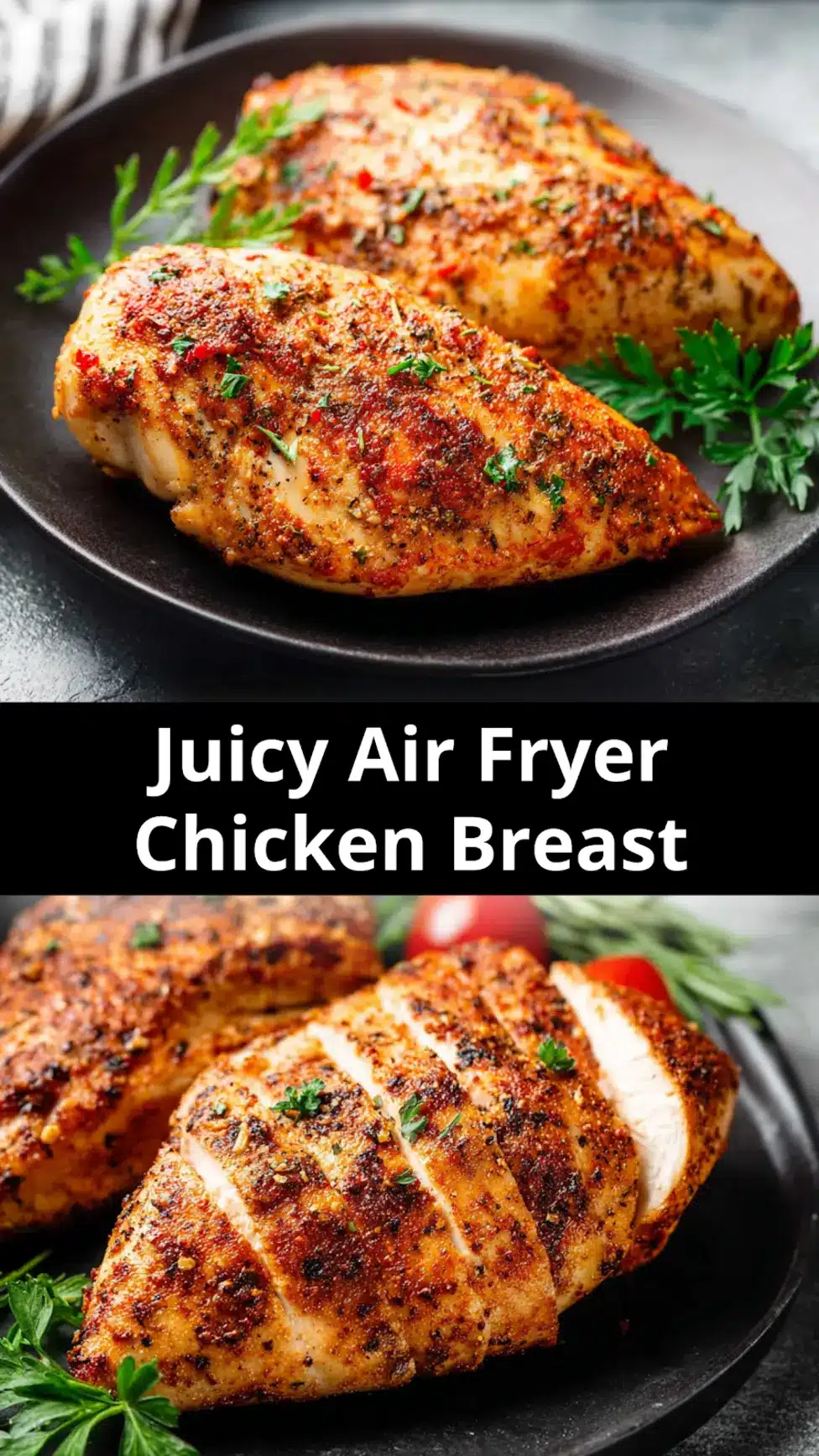 Juicy Air Fryer Chicken Breast High Protein recipe, served and ready to eat, easy homemade dinner
