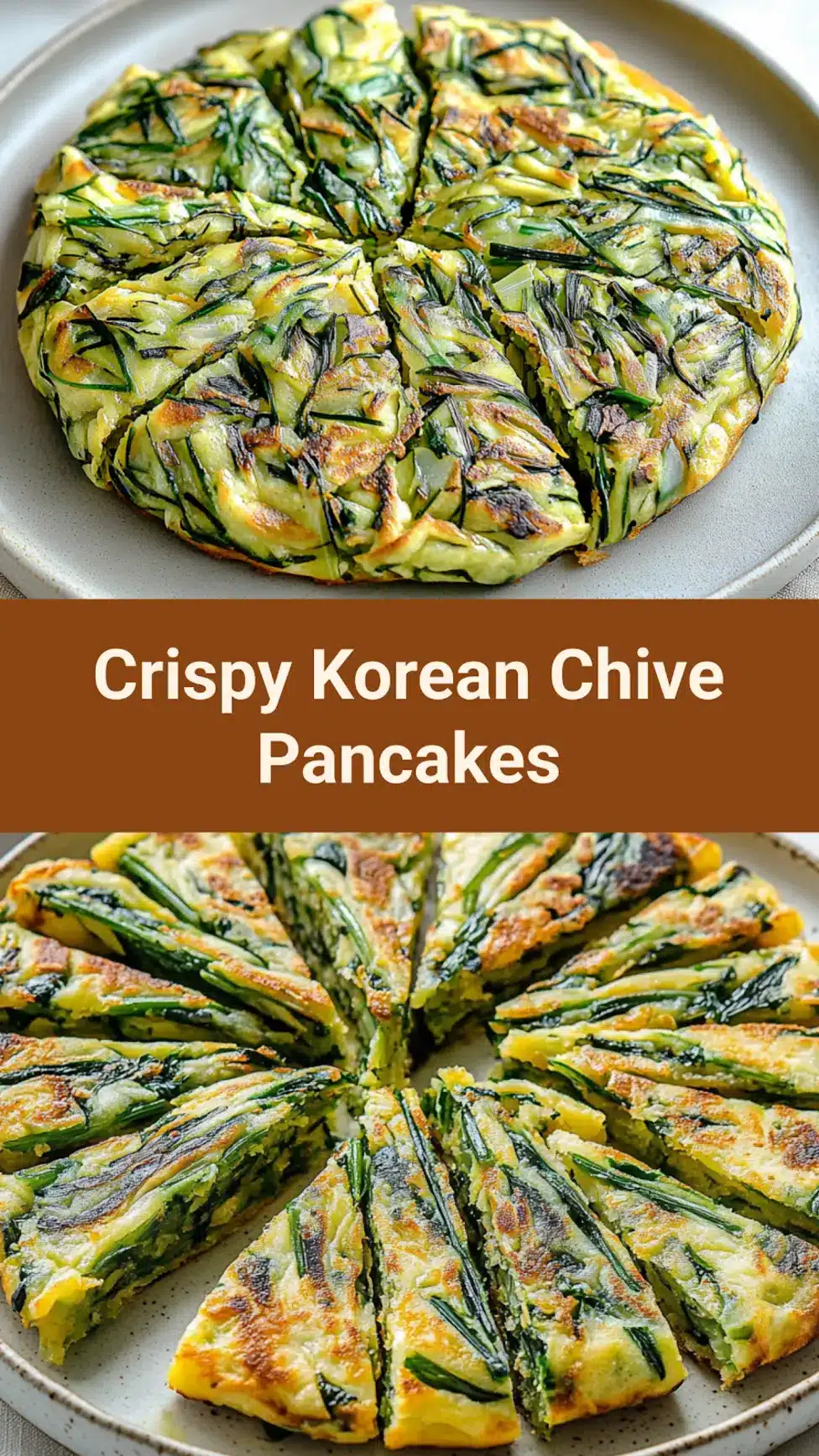 Korean chive pancakes buchujeon recipe pin image, golden and crispy, easy homemade dinner