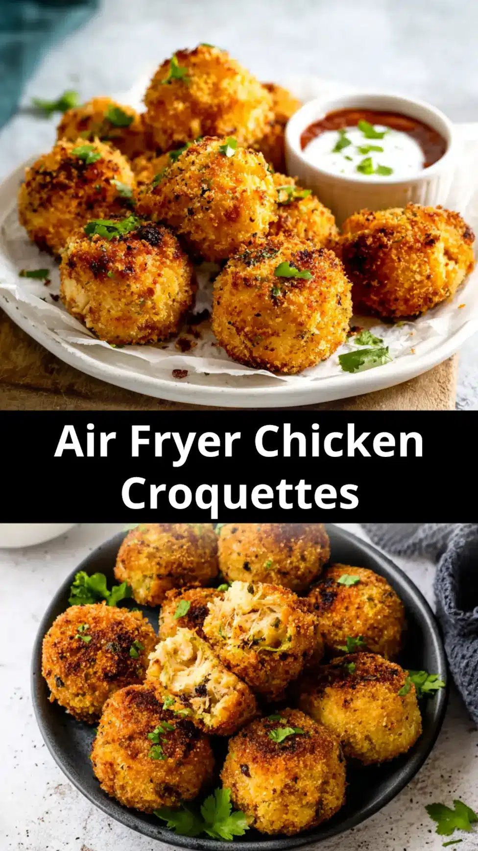 Leftover Chicken Air Fryer Croquettes recipe, served and ready to eat, easy homemade dinner