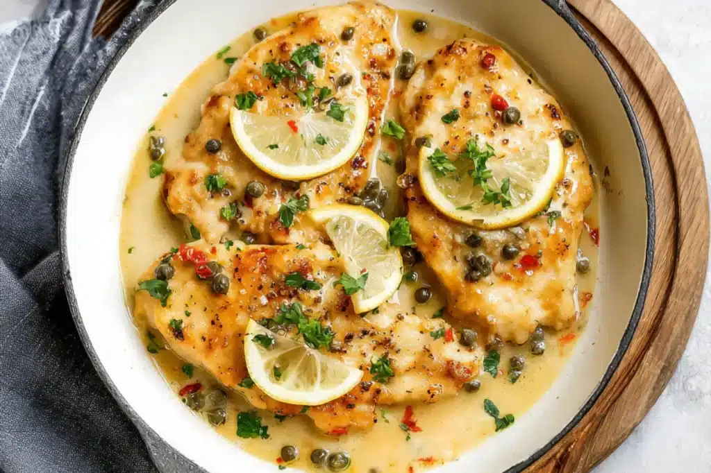 Lemon Chicken Piccata recipe, served and ready to eat, easy homemade dinner