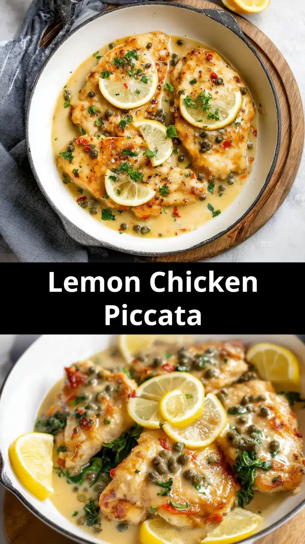 Lemon Chicken Piccata recipe, served and ready to eat, easy homemade dinner