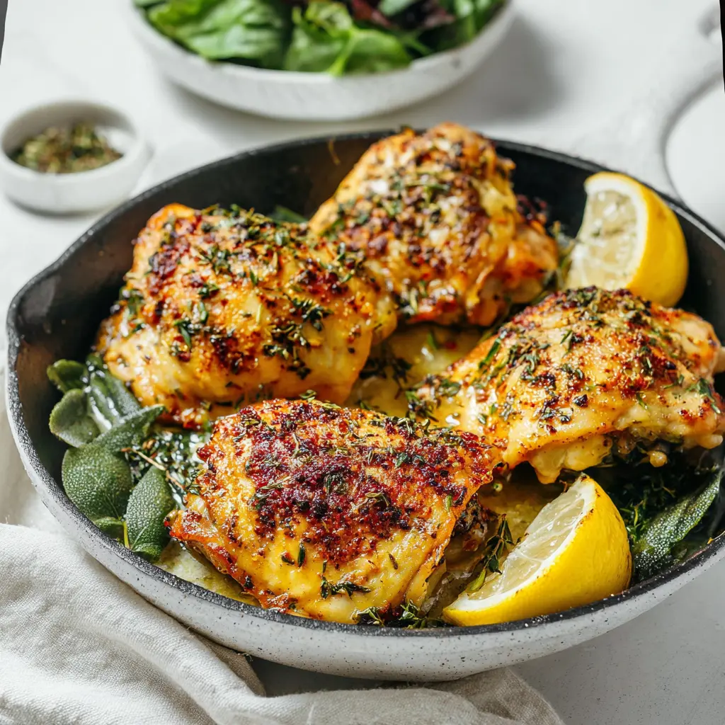 Lemon Herb Roasted Chicken Thighs recipe, served and ready to eat, easy homemade dinner