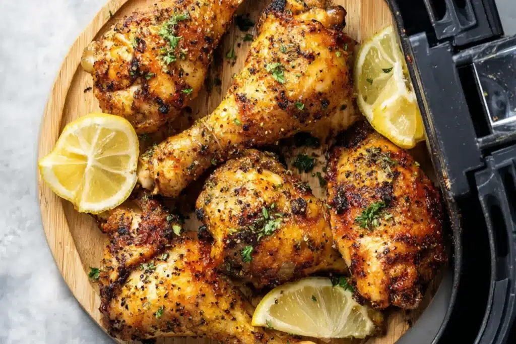 Lemon Pepper Air Fryer Chicken Drumsticks recipe, served and ready to eat, easy homemade dinner