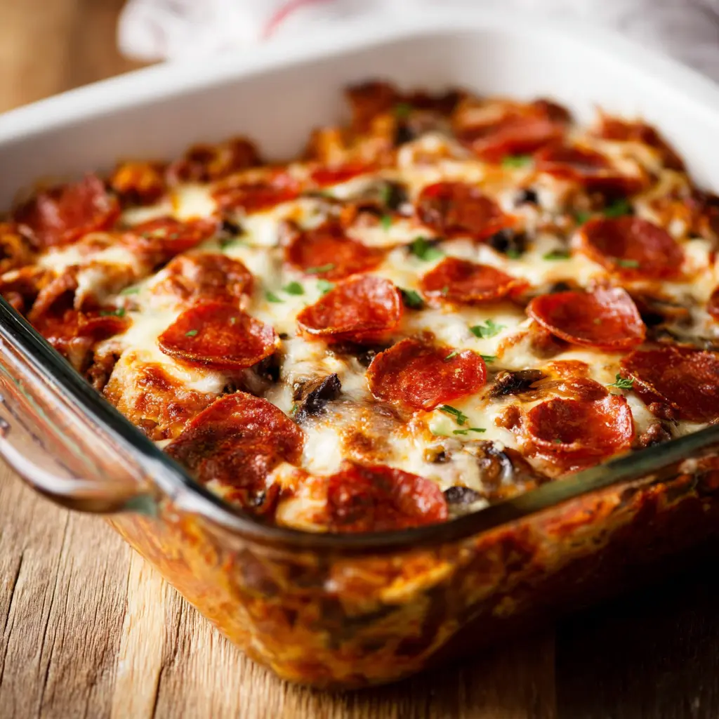 Low Carb Pizza Casserole recipe, served and ready to eat, easy homemade dish