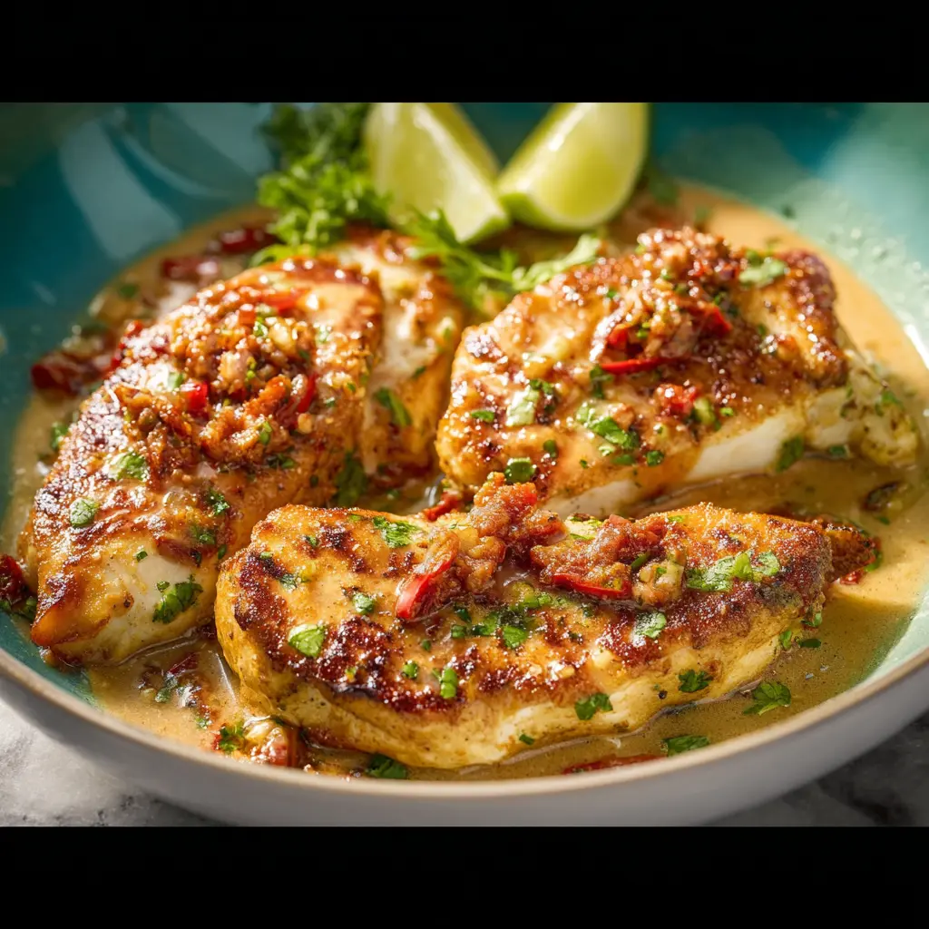 Marry Me Chicken served in a skillet with creamy sundried tomato sauce and fresh basil