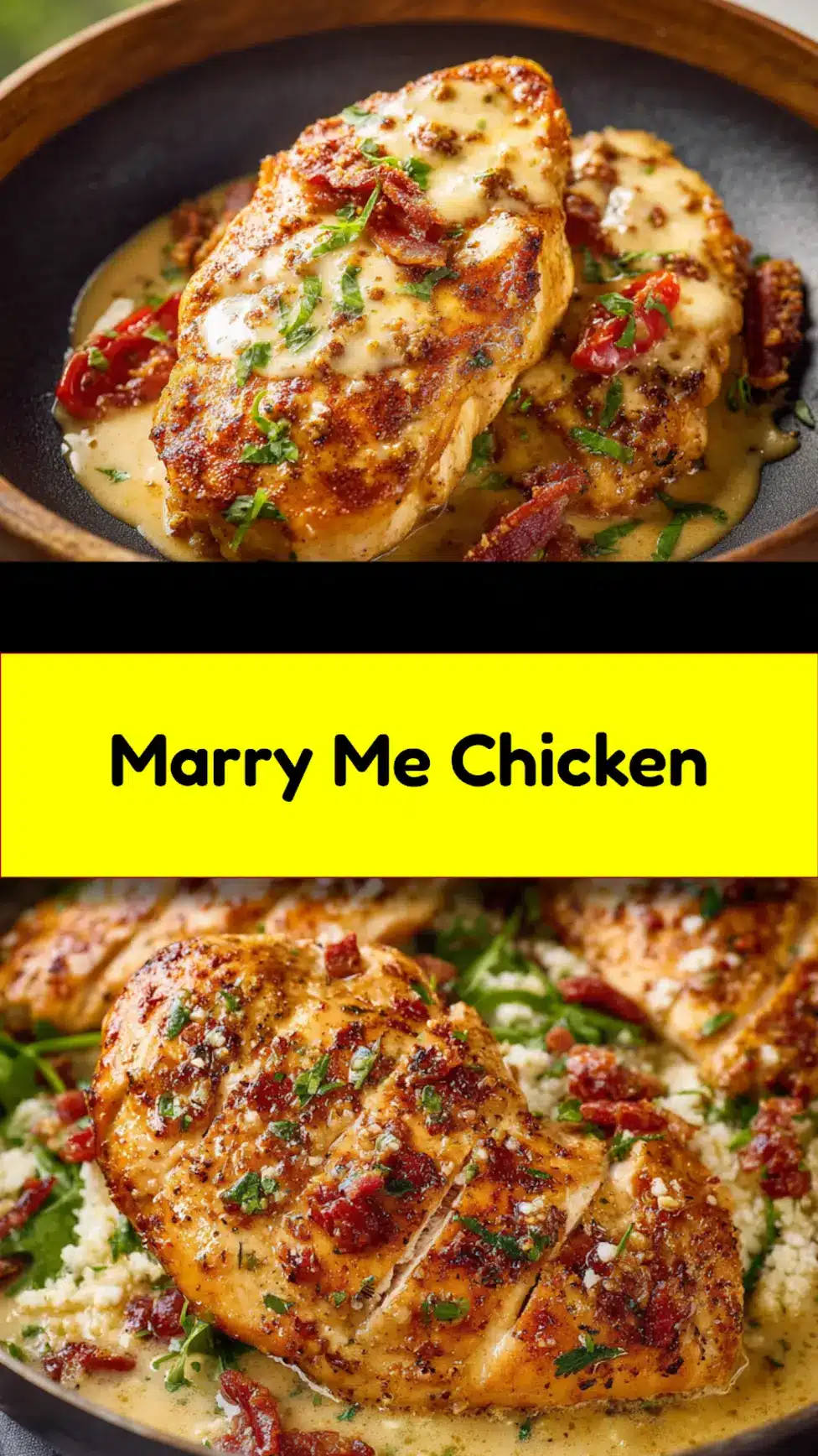 Marry Me Chicken recipe pin showing creamy sundried tomato sauce over golden chicken, easy homemade dinner