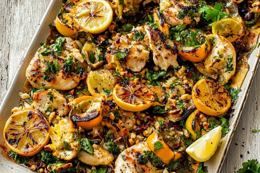 Mediterranean Sheet Pan Chicken Lemon recipe, served and ready to eat, easy homemade dinner