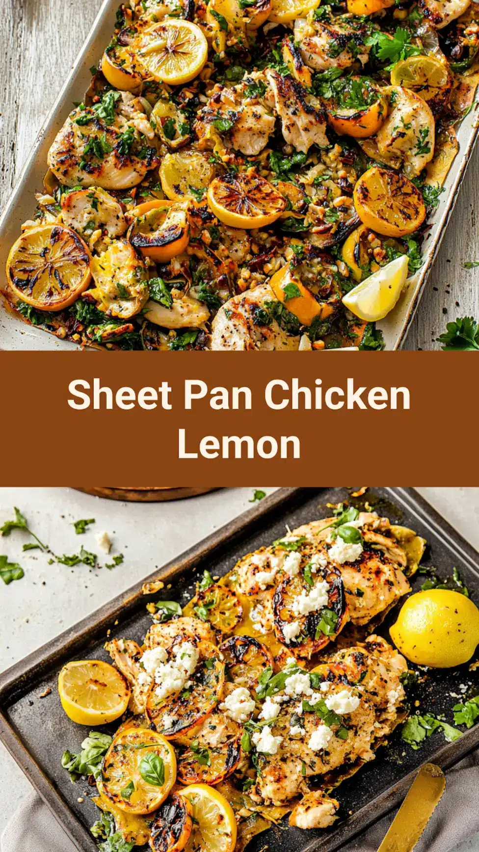 Mediterranean Sheet Pan Chicken Lemon pin image with golden chicken thighs and roasted vegetables