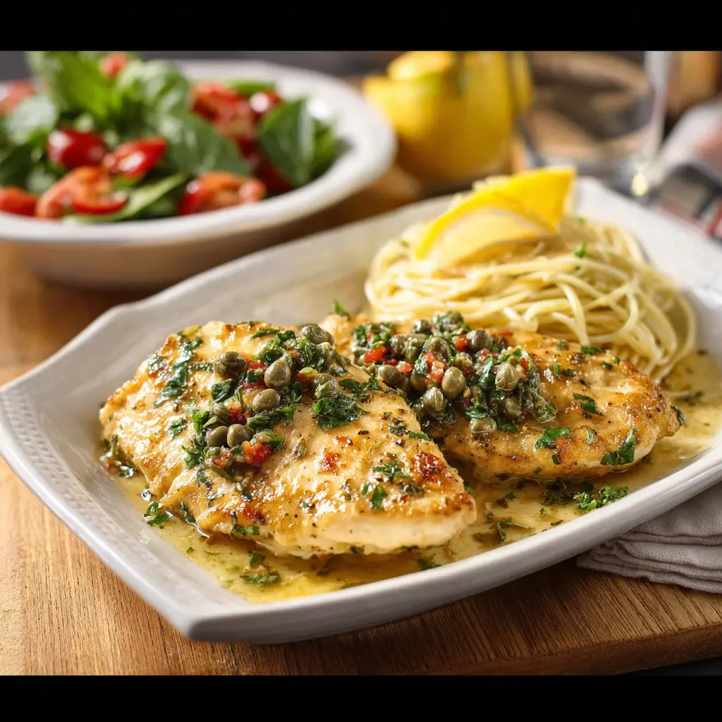 Olive Garden Chicken Piccata recipe, served and ready to eat, easy homemade dish