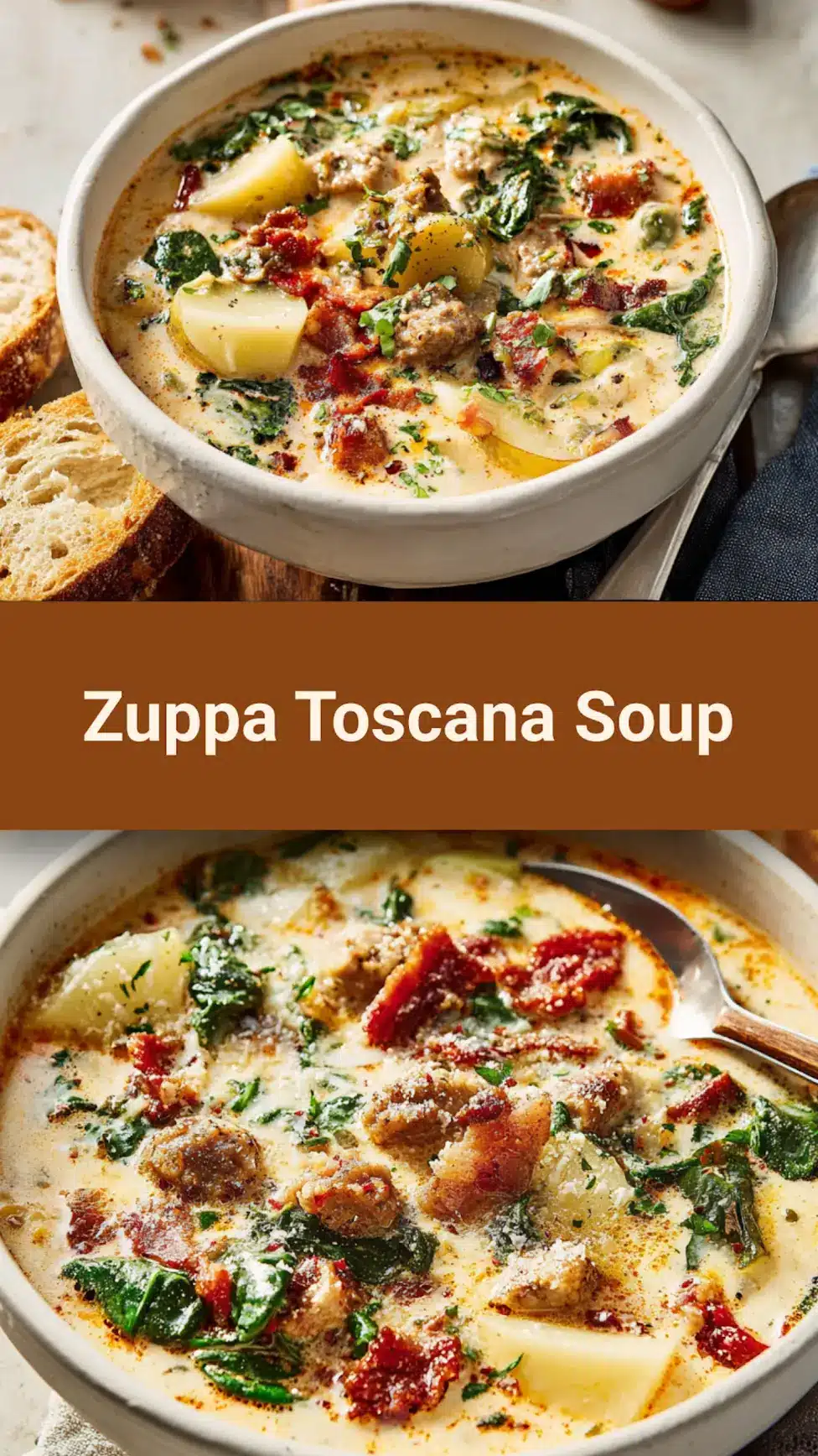 Olive Garden Zuppa Toscana recipe, served and ready to eat, easy homemade dinner_pin