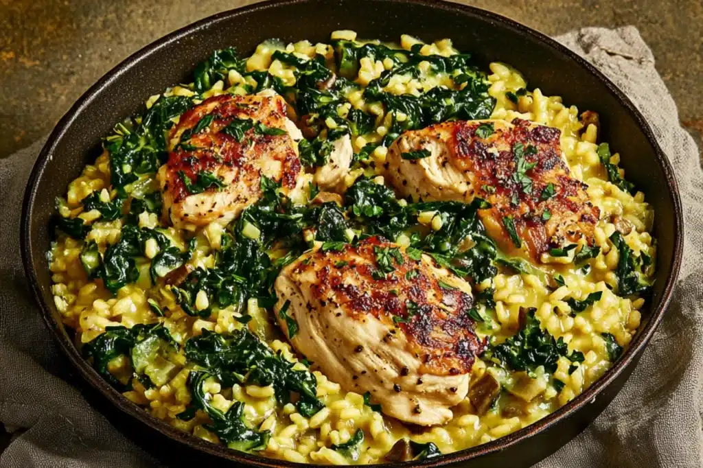 One Pan Boursin Chicken Risotto recipe, served and ready to eat, easy homemade dinner