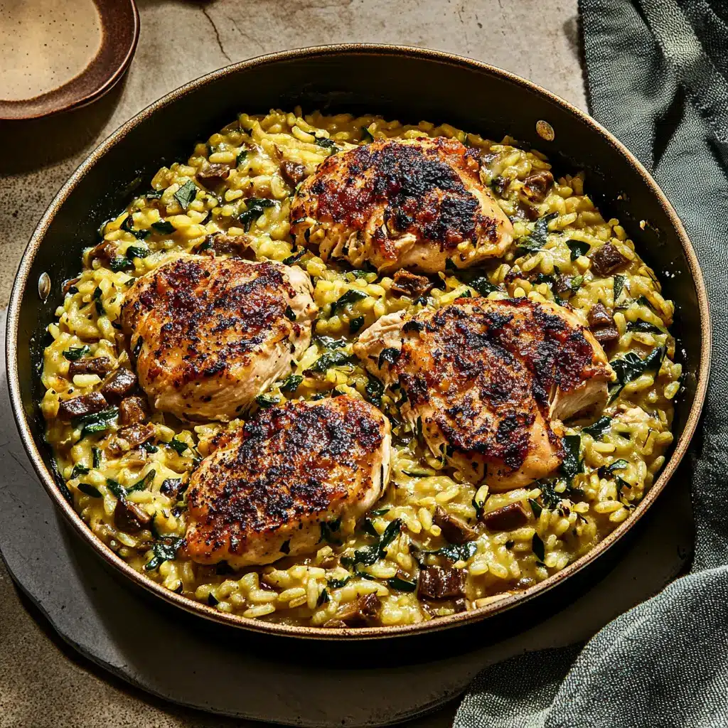 One Pan Boursin Chicken Risotto recipe, served and ready to eat, easy homemade dinner