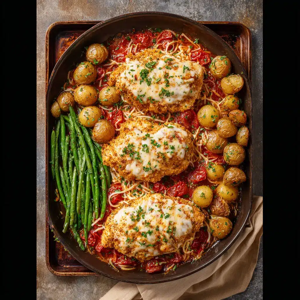 One Pan Chicken Parmesan recipe, served and ready to eat, easy homemade dinner
