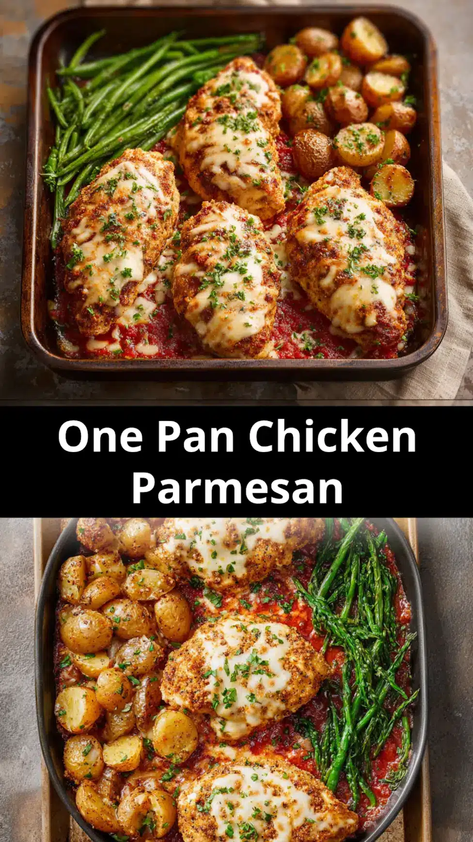 One Pan Chicken Parmesan recipe, served and ready to eat, easy homemade dinner