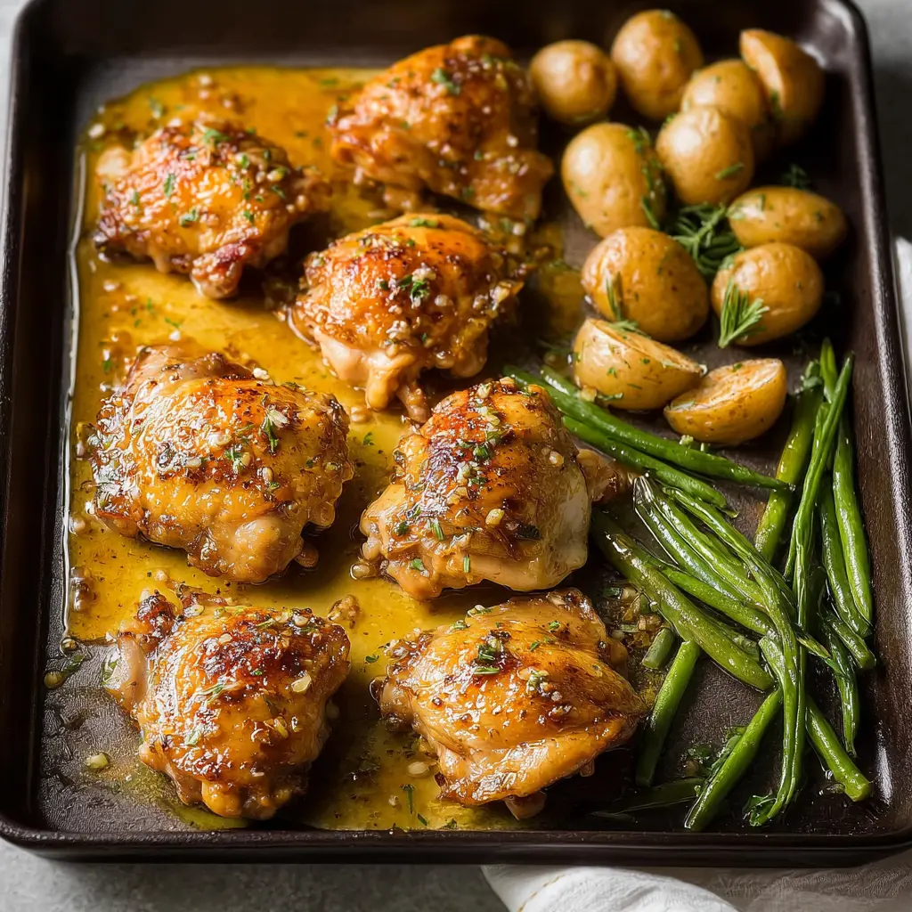 One Pan Honey Garlic Chicken Thighs recipe, served and ready to eat, easy homemade dish