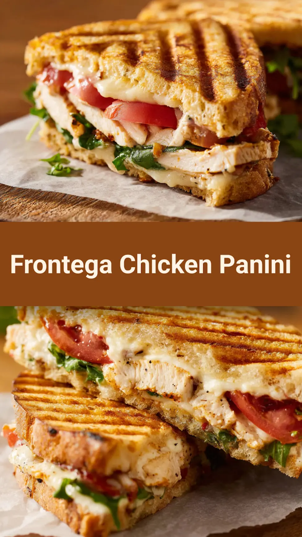 Homemade Panera Frontega Chicken Panini recipe pin  golden focaccia, melted mozzarella, and chipotle mayo