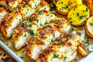 Parmesan Crusted Chicken Sheet Pan recipe, served and ready to eat, easy homemade dinner
