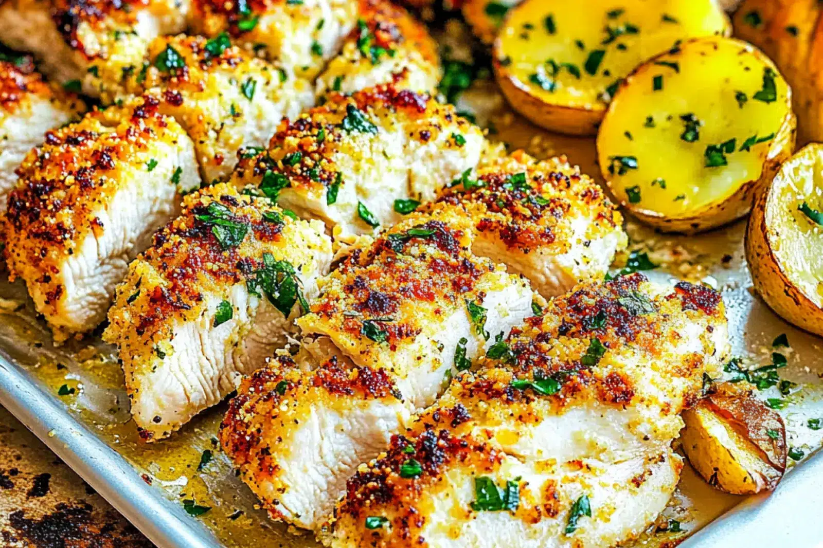 Parmesan Crusted Chicken Sheet Pan recipe, served and ready to eat, easy homemade dinner