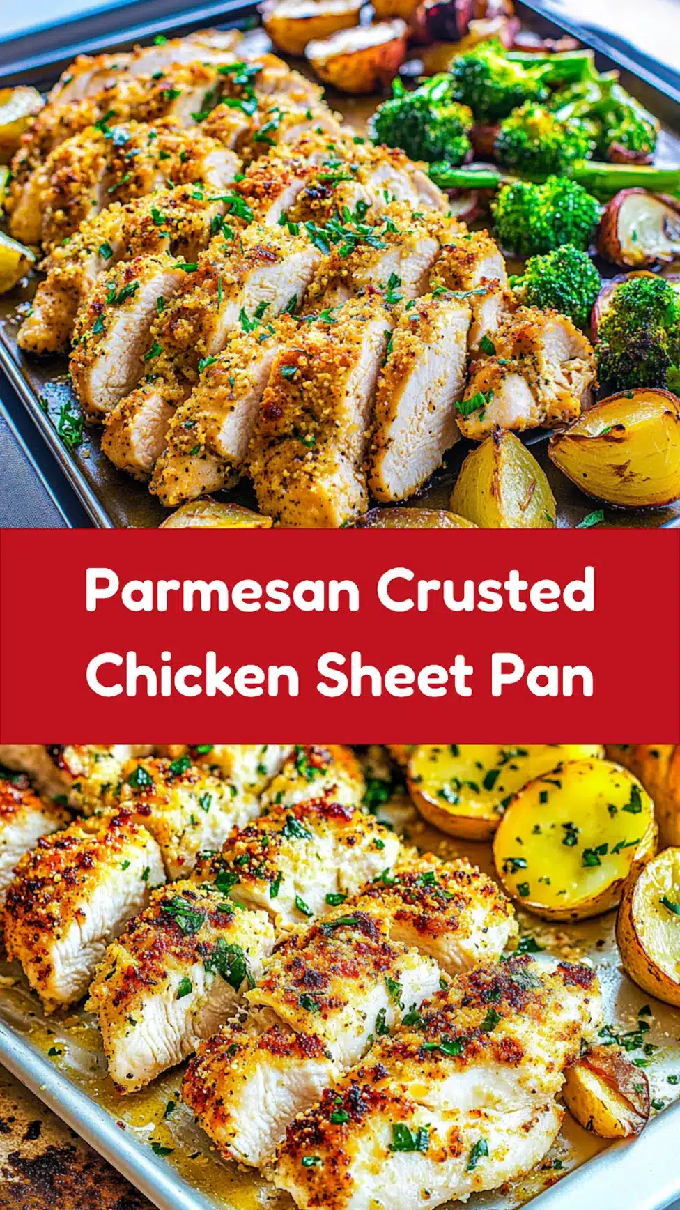 Parmesan Crusted Chicken Sheet Pan Comforting Crispy Dinner 7 Parmesan Crusted Chicken Sheet Pan recipe, served and ready to eat, easy homemade dinner