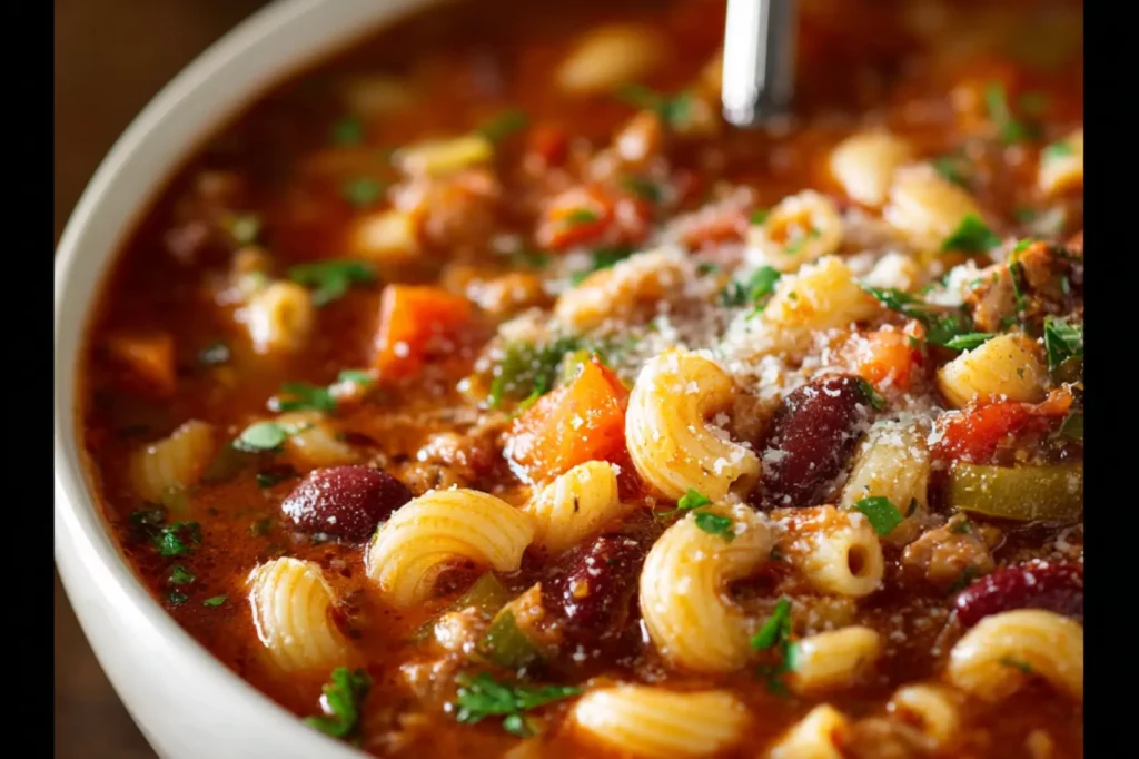 Pasta e Fagioli Soup recipe, served and ready to eat, easy homemade dinner