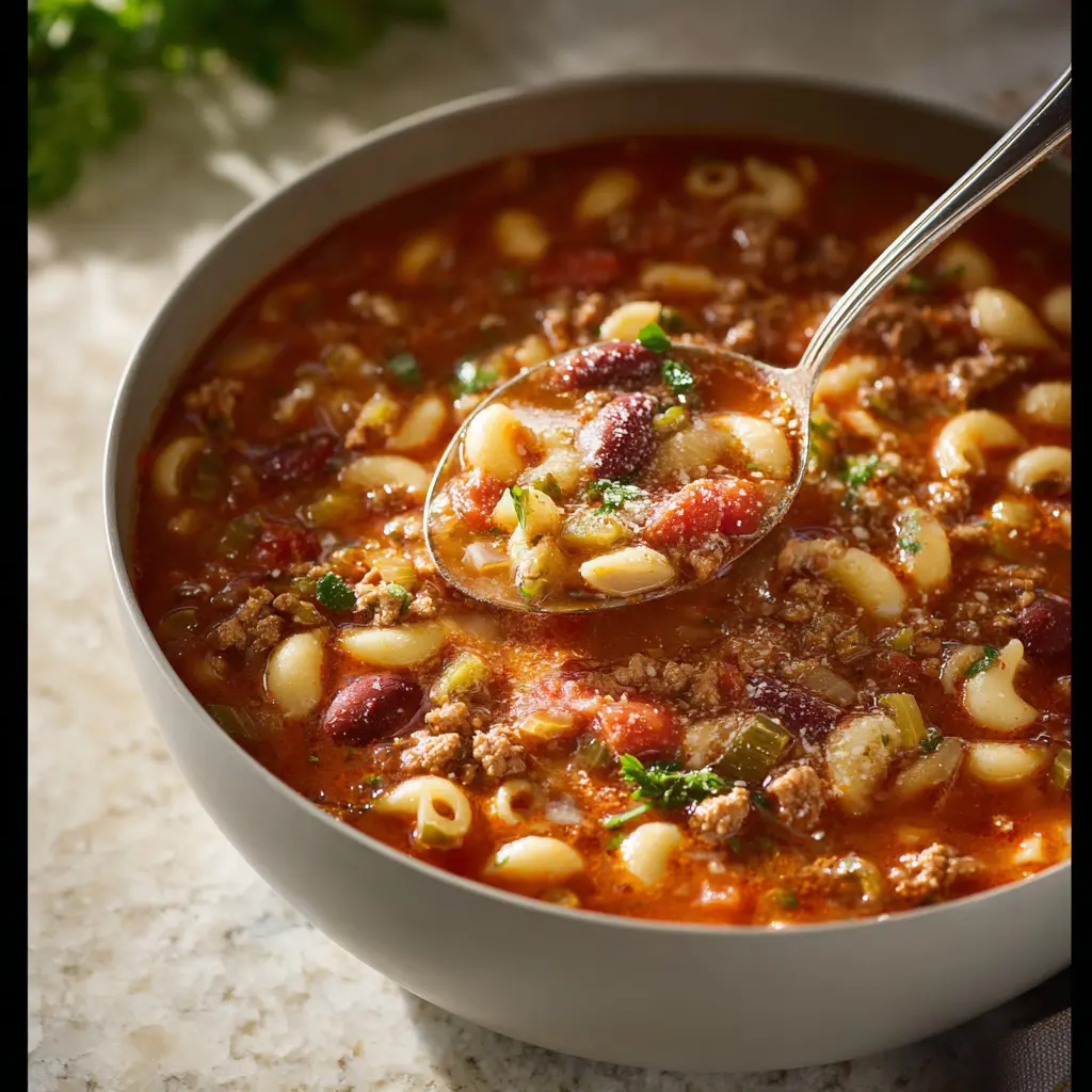 Pasta e Fagioli Soup recipe, served and ready to eat, easy homemade dinner